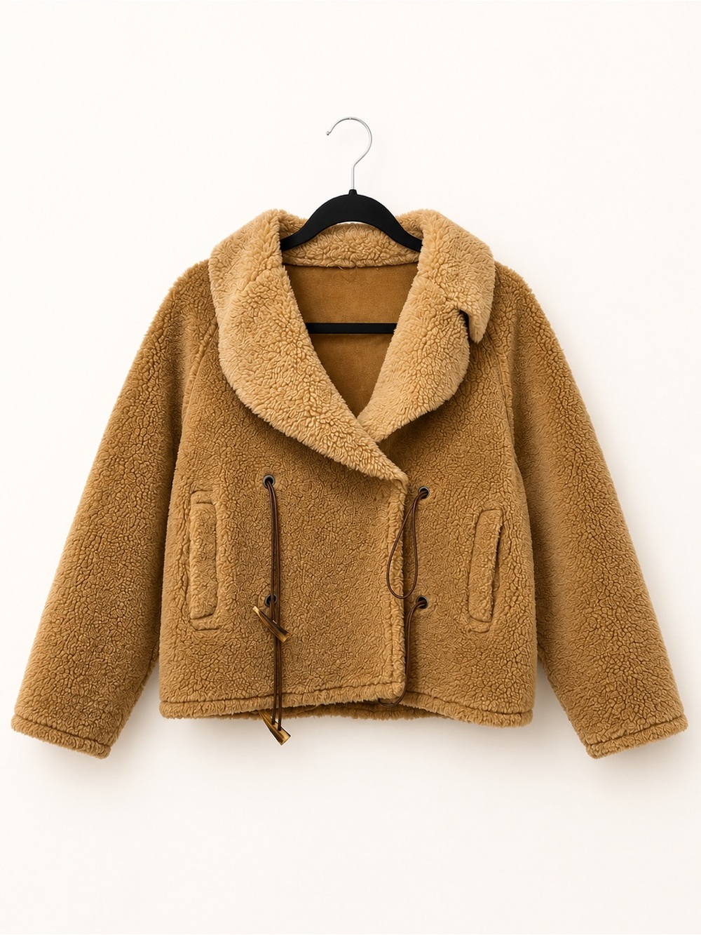 In Studio Teddy Sherpa Jacket Small Camel Faux Shearling Drawstring Bomber Coat
